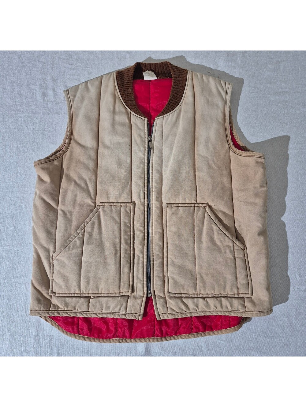 Vintage 80s Work Wear XL XLarge Beige Vest Red Lining Insulated